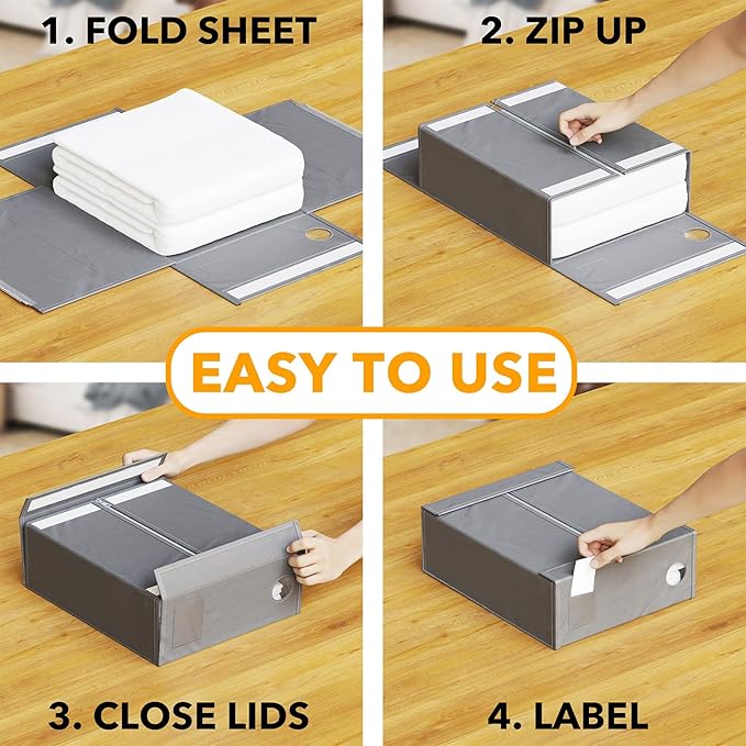 SpaceAid 4 Pack Bed Sheet Organizers and Storage, Foldable Organizer for Linen Closet, Sheets Set Folder Keeper with Window XL (Queen & King Size) Organizing Bedding Container, Gray 91ZDSN-SL01-G4