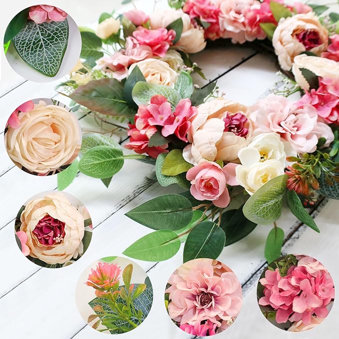 [Lighted & Timer] 22" Spring Summer Wreaths for Front Door Peony Wreath with Lights Pink Silk Flower Hydrangea Rose Green Leaves Floral Wreath for Home Wall Window Wedding Party Indoor Outdoor Decor