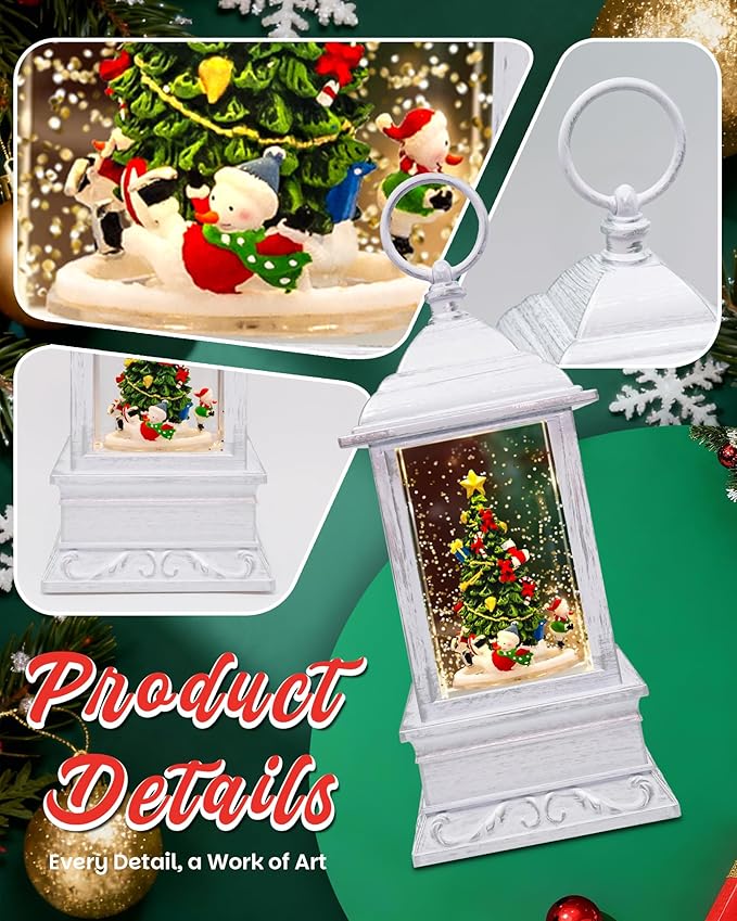 Christmas Tree Snow Globe Light up Lantern with 8 Songs, 10.8" White Rotating Electric Christmas Snow Globes for Kids Adults, 6H Timer & Dual Power, Snowglobes Christmas Decorations Indoor Gifts