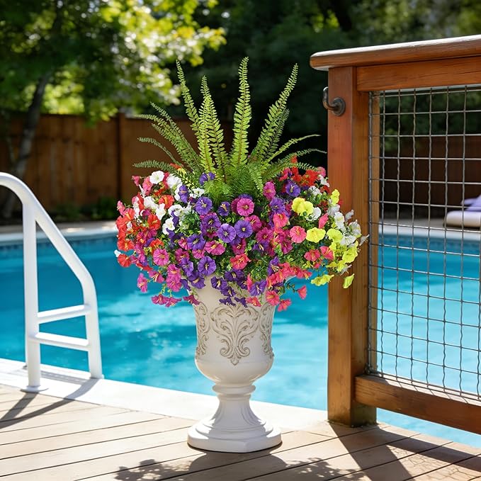 Artificial Flowers for Outdoors Faux Plants Outside Indoor,UV Resistant Silk Fake Petunia Tall Ferns for Home Patio Garden Back Yard Front Poch Decor Spring Summer(13 Bunchs,6 Multi Colors)