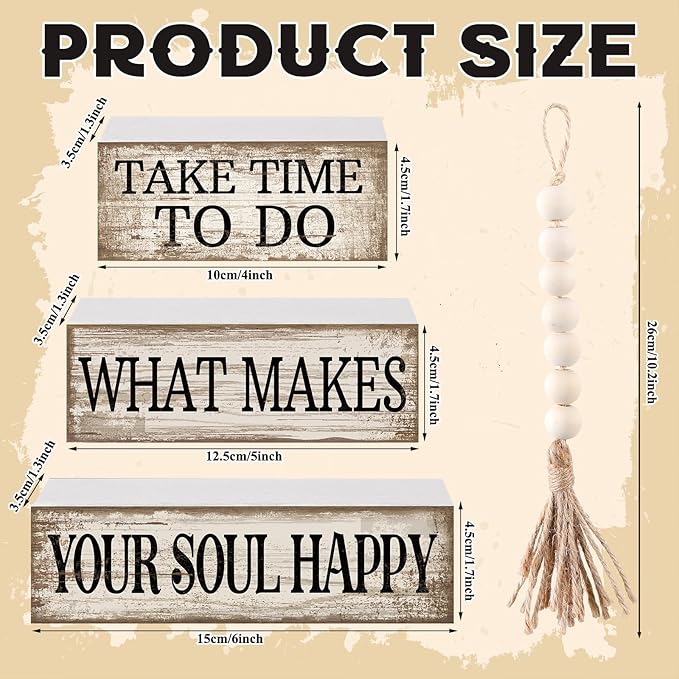 Yuntau 4 Pcs Farmhouse Tabletop Decoration Inspirational Farmhouse Tiered Tray Decor Rustic Retro Wood Bead Garland Take Time to Do What Makes Your Soul Happy Block Centerpiece Sign for Home Shelf