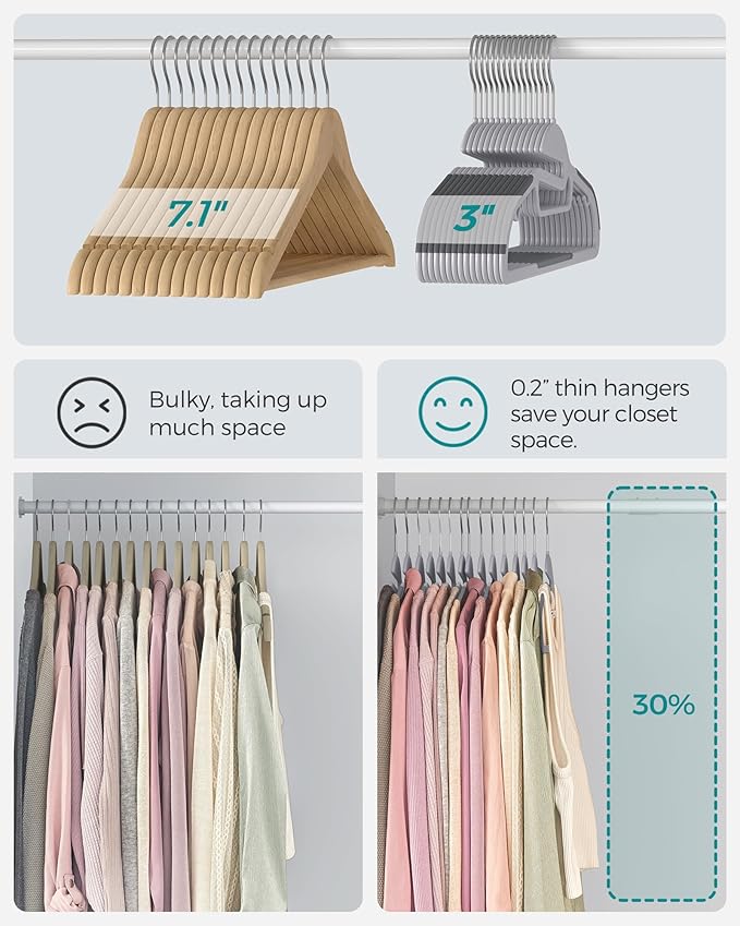 SONGMICS 100 Pack Coat Hangers, Heavy-Duty Plastic Suit Hangers, S-Shaped Opening, Space-Saving, 360º Swivel Hook, 16.3 Inches Wide, Light Gray and Dark Gray UCRP041G100