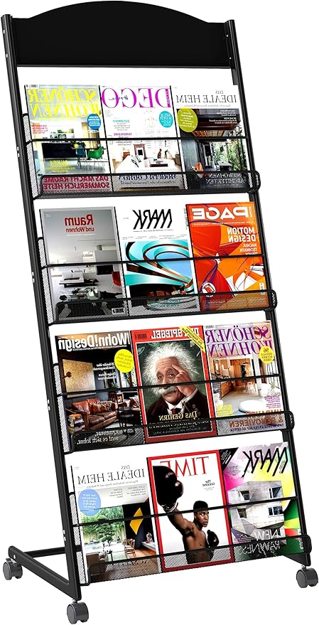 Brochure Display Stand 4 Layer Floor-Standing Magazine Rack Literature Newspaper Catalog Display Holder with Wheels and Top Billboard for Exhibitions,School, Hotel, Hospitals, Offices (Black)