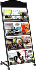 Brochure Display Stand 4 Layer Floor-Standing Magazine Rack Literature Newspaper Catalog Display Holder with Wheels and Top Billboard for Exhibitions,School, Hotel, Hospitals, Offices (Black)