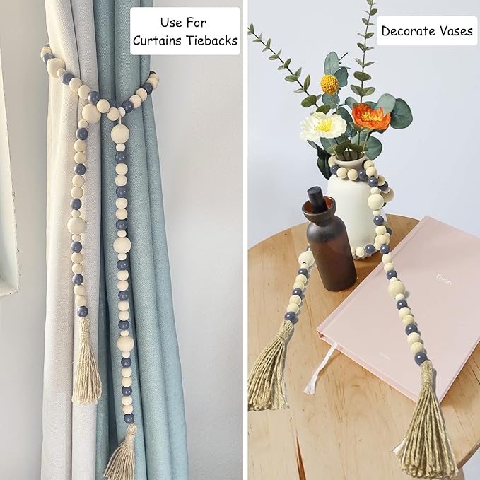OMISHE Wood Bead Garland with Tassels 61 Inches, Boho Decorative Beads, Farmhouse Beads Garland for Home Tiered Tray Decor, Beige Gray