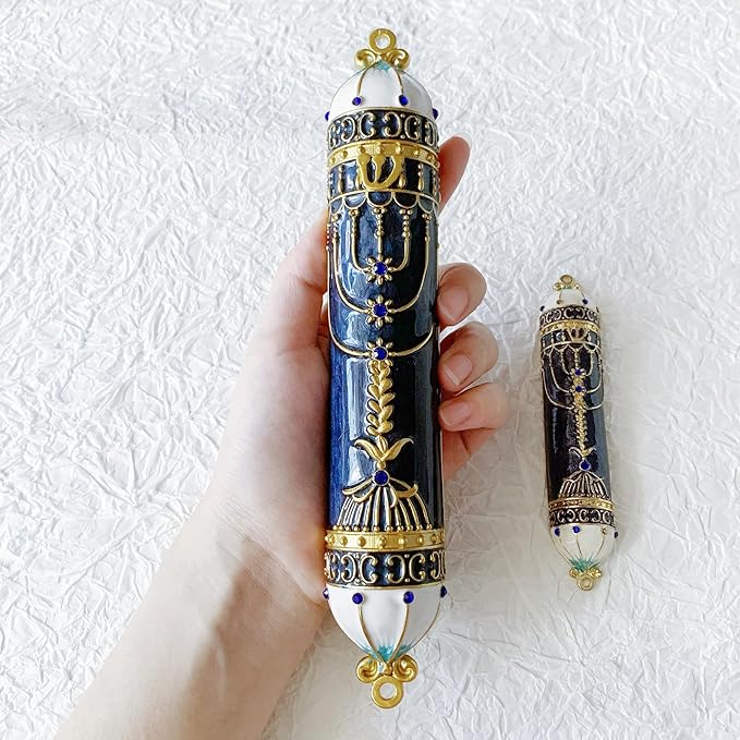 9 Inches Mezuzah, Exquisite Black and Gold Enamel Mezuzah with Blue Crystal Accent