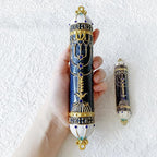 9 Inches Mezuzah, Exquisite Black and Gold Enamel Mezuzah with Blue Crystal Accent