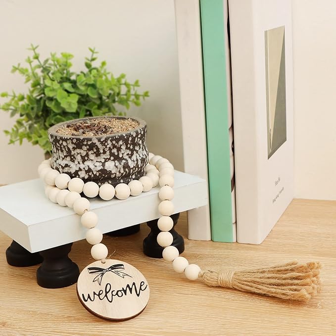 Meplait Welcome Wooden Bead Garland with Tassel, Decorative Beads Home Decor Farmhouse Tassel Garland Boho Decor for Tiered Tray（38in）