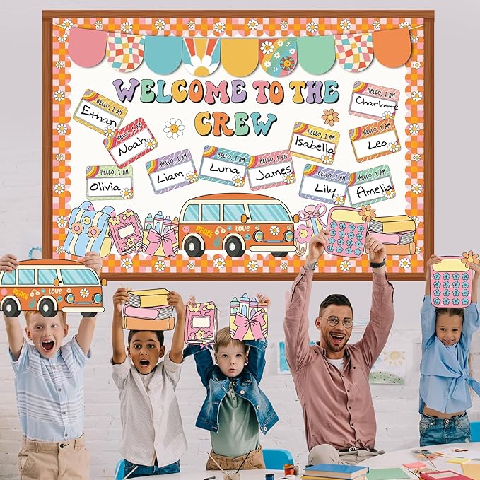 Pajean Welcome to The Crew Bulletin Board Set Groovy Back to School Classroom Decorations Retro Hippie Name Tags Cutouts with Groovy Daisy Borders for Door Wall Chalkboard Decor Preschool Supplies
