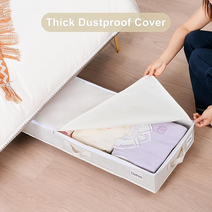 Under Bed Storage with Wheels, 2 Pack Under Bed Storage Containers with Label Holders for Clothes, Shoes and Blankets, Rolling Underbed Shoe Organizer with Cover, Beige (35.43x15.7x7.28 in)