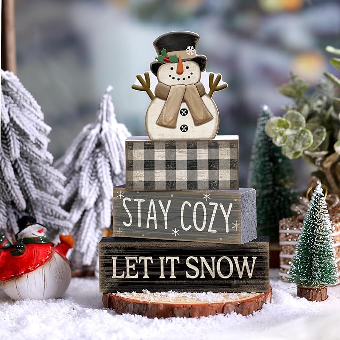 Yuntau 4 Pcs Winter Table Decorations Wooden Snowman Winter Tiered Tray Decor Rustic Block Signs Gift Farmhouse Christmas Centerpiece for Tables Party Kitchen Shelf Home