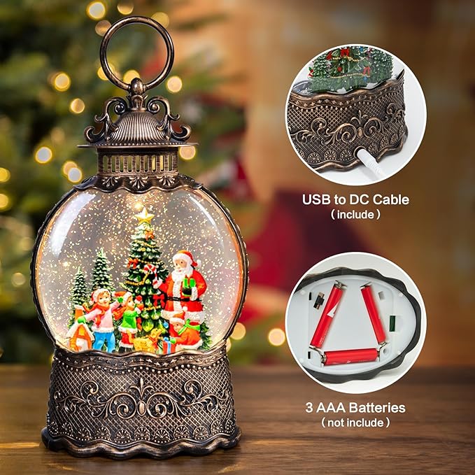 Christmas Snow Globes Lantern with Music, Santa Claus Scene Snow Globes with Swirling Glitter Effects, USB/Battery Powered with 6-Hour Timer, Christmas Decorations
