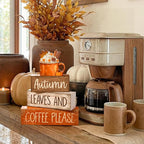 Lineshading 4 Pcs Fall Decorations for Home Wooden Hot Cocoa Coffee Block Sign Thanksgiving Tiered Tray Decor Thanksgiving Centerpiece Rustic Fall Table Decor for Autumn Harvest Party Home Kitchen