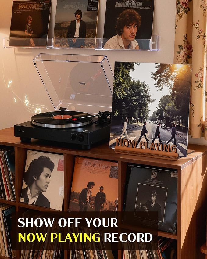 BS-VOG Now Playing Vinyl Record Stand, Tabletop Wooden Record Holder, Now Spinning Vinyl Stand Storage for Albums Magazine, Vintage Album Display Organizer Rack for LP Enthusiast