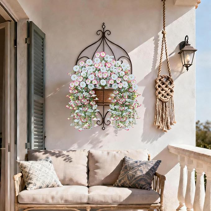 Artificial Hanging Flowers for Outdoors, 2 PCS UV Resistant Faux Silk 150 Morning Glory Each Trailing Vines, Fake Plants for Spring Outdoor Garden Planter Porch Patio Decoration, Blue & White