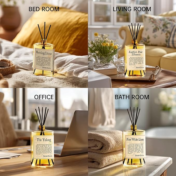 English Pear&Freesia Scent Reed Diffuser Refill 13.53 fl oz with 6 Sticks，【Brighten The Air】 Luxury Natural Long Lasting Home Fragrance Oil Air Freshener for Living Room and Office