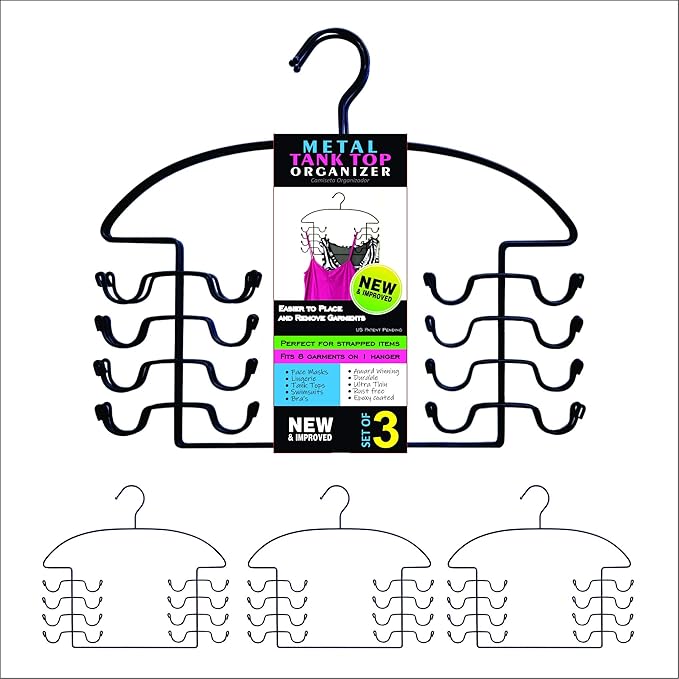 Organizer Hangers for Tank Tops, Bras & Camis by Dr. Organizer – USA Patented Steel 3-Piece Set – Space-Saving Multi-Hanger Holds 24 Garments – Rust-Resistant, Durable Closet & Laundry Organizer
