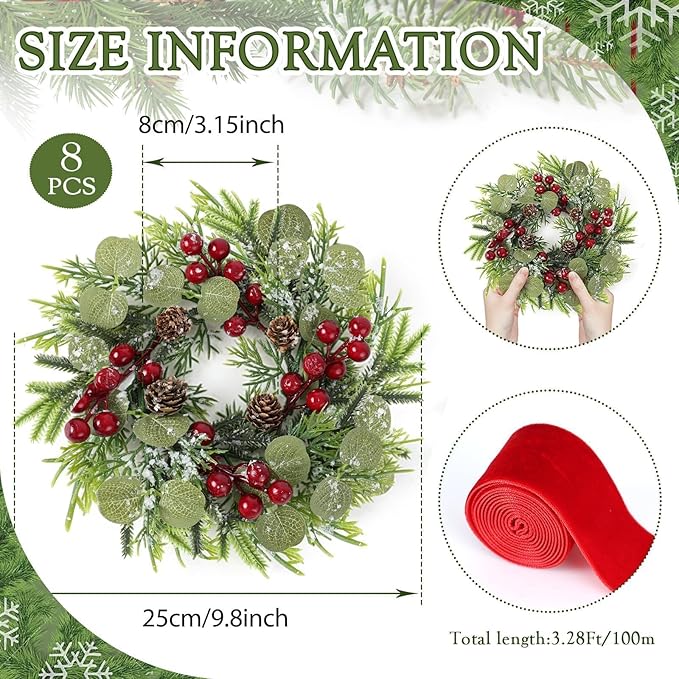 8 Pcs 9 Inch Christmas Artificial Wreaths for Kitchen Cabinet Norfolk Pine Garland with Red Berries Pinecones Wreaths Swags Snowy Pine Candle Rings Holder for Christmas Decorations Table Centerpiece