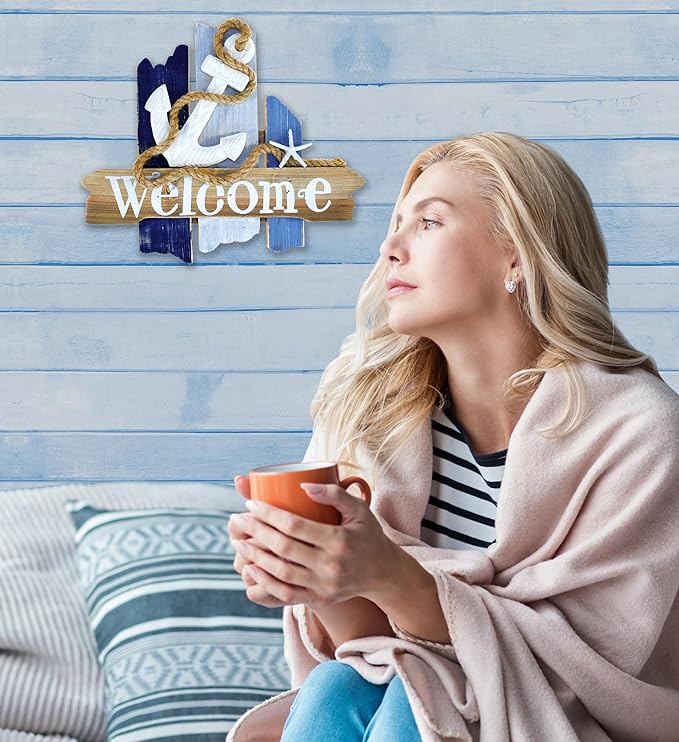 CoTa Global Atlantic Anchor Welcome Nautical Decor Sign - Nautical Themed Wood Sign, Beach Decor for Wall, Novelty White and Blue Starfish and Anchor Wooden Figure, Coastal Wall Decor Sign Accent
