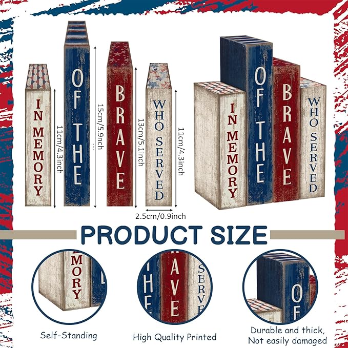 Lineshading 4 Pcs 4th of July Table Decoration Memorial Day Wooden Book America Decor Patriotic Tiered Tray Decor Red White Blue Block Sign for 250th Anniversary Independence Day Home Shelf Coffee Bar