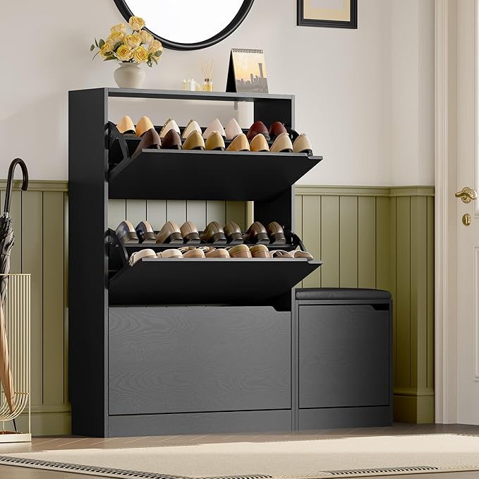 Shoe Cabinet with Bench and 3 Flip Drawers, Slim Narrow Shoe Storage Cabinet, Freestanding Shoe Rack Organizer with Adjustable & Removable Shelves, Anti-Tip for Entryway, Hallway, Foyer