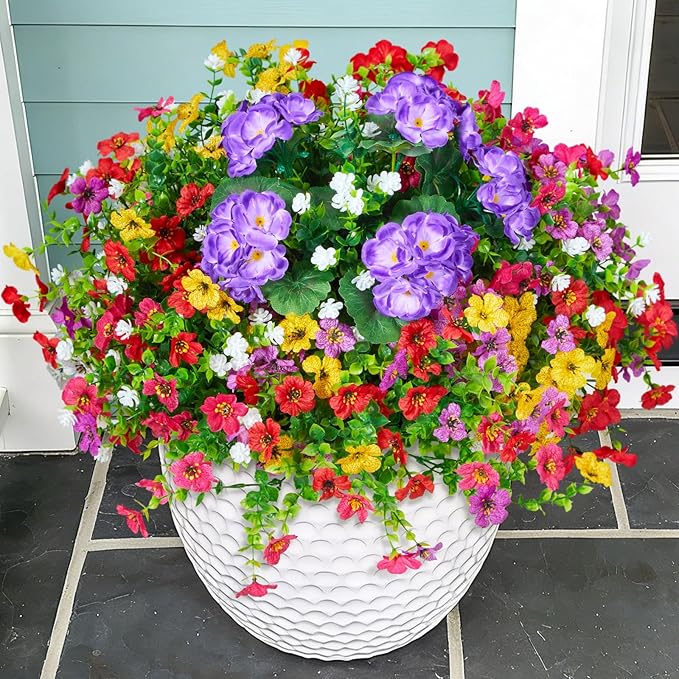 Artificial Flowers for Outdoors Faux Plants Outside Indoor,Realistic UV Resistant Silk Fake Geranium Daisy for Home Patio Garden Back Yard Front Poch Decor Spring Summer(12 Bunches)