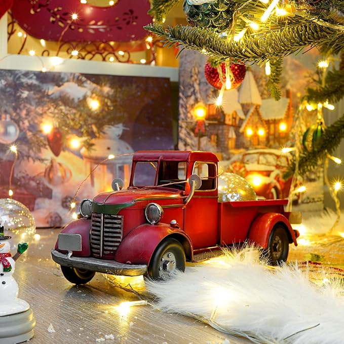 SOFFEE DESIGN 12'' Iron Classic Red Truck Pick-up Model Collectible Vehicle Decoration, Collectible Figurine Home Décor Desktop Car Accessory Christmas Decor Car Display Wine Holder