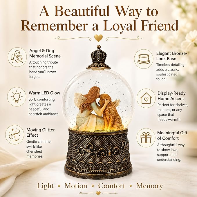 Dog Memorial Gifts for Loss of Dog Sympathy Gift，Snow Globe with Auto Swirling Glitter & 6H Timer, Battery or USB Powered, Dog Passing Away Gifts for Home Decor