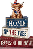 Moucuny 4 Pcs 4th of July Decorations Patriotic Highland Cow Wooden Block Sign Set America Table Decor Patriotic Tiered Tray Decor Red White Blue Memorial Day Centerpieces for 250th Anniversary Home