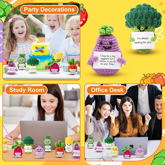 HunnmingRe 12 Pcs Cute Crochet Doll with Positive Card Soft Wool Animals Creative Knitting Dolls for Positive Support Inspirational Birthday Encouragement Gift(Vegetable Style)