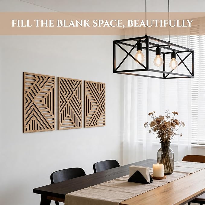 qmmp Modern Wooden Wall Sculptures - Set of 3 - Home Decor Accent - Large Wall Art for Living Room, Bedroom, Office - Easy Installation (Oak, Large - Direction)