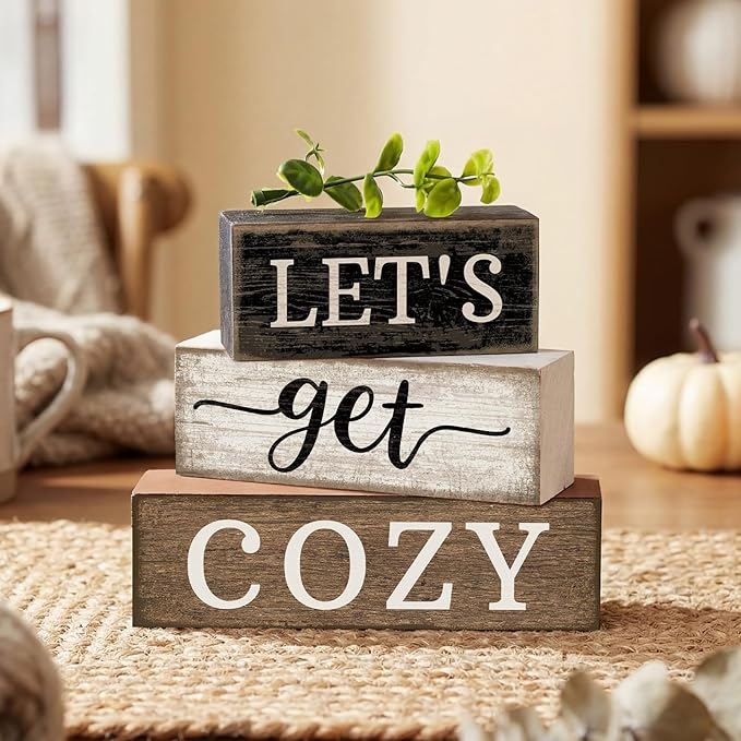 Moucuny 4 Pcs Farmhouse Table Decor Inspirational Wooden Signs Rustic Eucalyptus Leaves Wooden Block Sign Gift Let's Get Cozy Farmhouse Table Centerpiece for Living Room Housewarming Gift