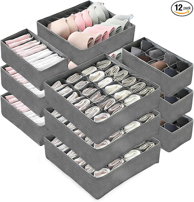 Garvee 12-Pack Underwear Drawer Organizers, 116-Cell Dresser Drawer Divider Bins for Baby Clothes, Underwear, Bra & Sock, Foldable Fabric Closet Organizer for Bedroom, Nursery, Grey