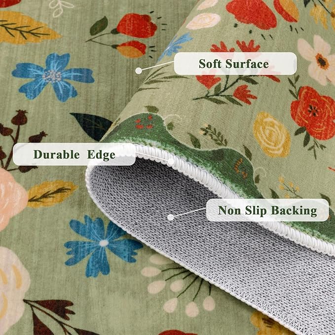 U'Artlines 5x7ft Vintage Floral Area Rug Machine Washable Ultra Soft Low Pile Non Slip Non Shedding Accent Floor Carpet for Living Room, Bedroom, Dining Room, Office (Green)