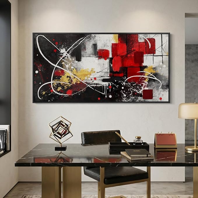 Extra Large Framed Red Black and White Abstract Wall Art for Living Room, Modern Canvas Prints Horizontal Artwork for Walls, Red Gold Geometric Pictures for Dining Bedroom Hallway Wall Decor 30x60 In