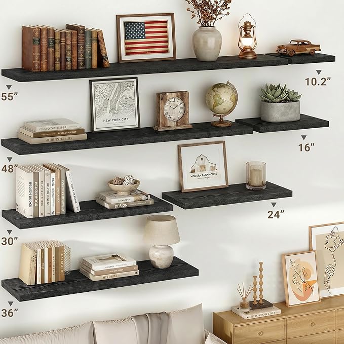 Vivelove 55 Inches Floating Shelves Wall Mounted, 10" Deep Wall Shelves for Bedroom, Bathroom, Living Room, Kitchen, Office, Home Decor, Modern Shelf, Set of 2, Black, 55x10.2x1.5
