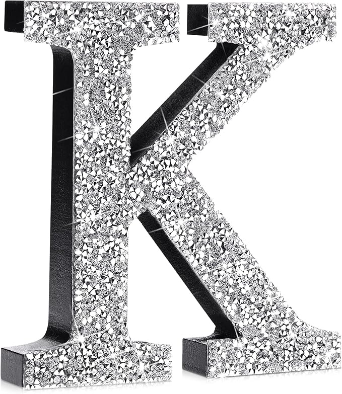 Qunclay 5.7" Silver Crystal Diamond Bling Letters Crushed Diamond Decoration Wooden Glitter Letter with Screw and Hooks Rhinestone Gift for Wedding Y2k Mcbling Bedroom Wall Decor (Letter K)