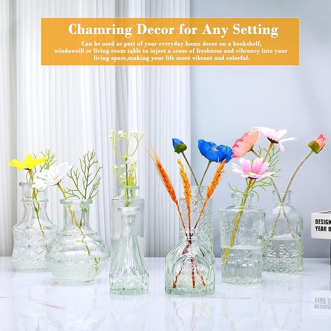 Brajttt Clear Flower Vase Set, Glass Bud Vase in Bulk Set of 8,Artistic and Cultural Flavor Mini Vases for Home Office Decor, Bedroom, Office, Living Room Decorations,Wedding