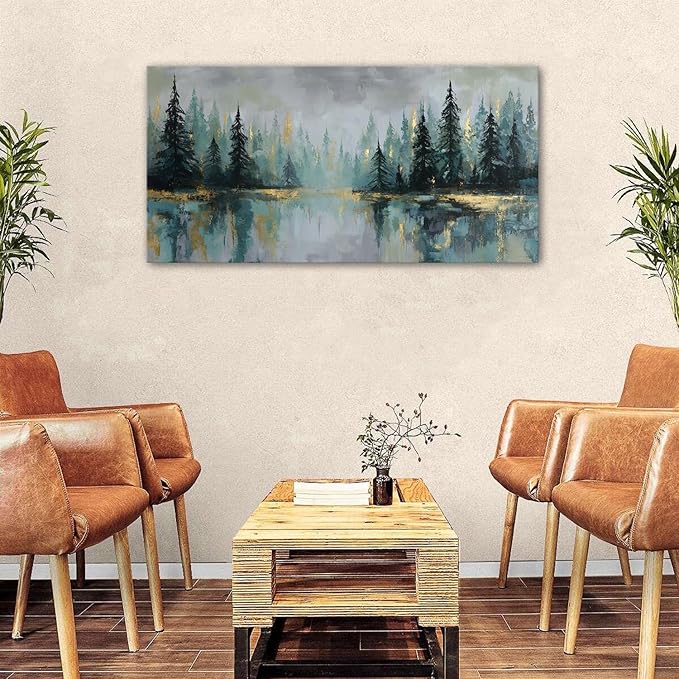 Green Forest Wall Art Vintage Fog Pine Trees Landscape Wall Decor Nature Green and Gold Forest Lake Scenery Canvas Prints Pictures Farmhouse Artwork for Kitchen Living Room Home Decorations 24x48"