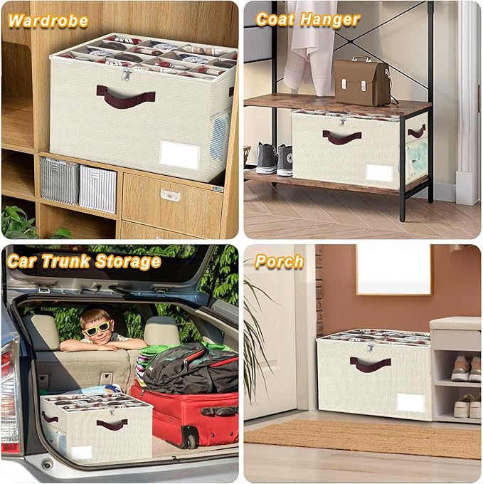 2 Pack Large Shoe Organizer for Closet, Adjustable Dividers Shoe Storage Bins Boxes, Foldable Shoe Holder Cube Containers with Clear Cover for Men’s Shoes, High Heel,Sneaker,Slippers,Boots(Beige)