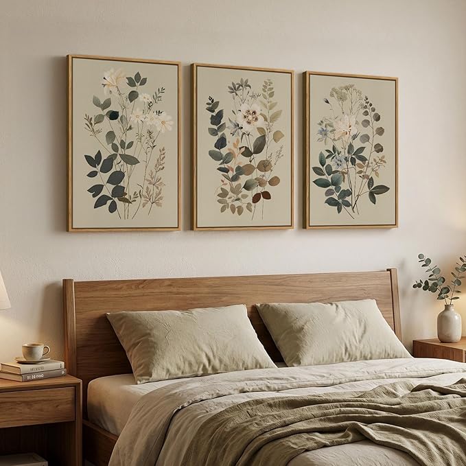 Framed Neutral Botanical Wall Art for Living Room, 3 Piece Floral Canvas Artwork for Modern Farmhouse Walls, Rustic Green Flower Painting Prints for Bedroom Office Kitchen Wall Decor, 20x30 Inch