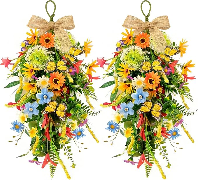2 PCS 24'' Spring Summer Floral Teardrop Swags for Front Door Artificial Sunflowers Daisy Teardrop Swags Lavender Butterfly Swag Wreath Eucalyptus Hanging Swag for Farmhouse kitchen Cabinet Home Decor