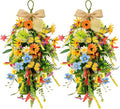 2 PCS 24'' Spring Summer Floral Teardrop Swags for Front Door Artificial Sunflowers Daisy Teardrop Swags Lavender Butterfly Swag Wreath Eucalyptus Hanging Swag for Farmhouse kitchen Cabinet Home Decor