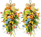 2 PCS 24'' Spring Summer Floral Teardrop Swags for Front Door Artificial Sunflowers Daisy Teardrop Swags Lavender Butterfly Swag Wreath Eucalyptus Hanging Swag for Farmhouse kitchen Cabinet Home Decor