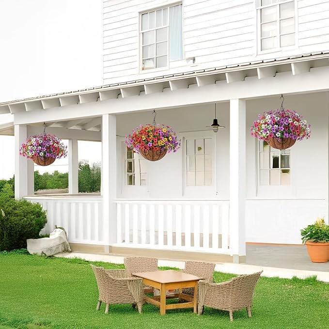 Artificial Faux Hanging Flowers Plants with Basket for Outdoor Spring Decoration, Fake Silk Daisy Outside Indoor UV Resistant Look Real Yard Patio Front Porch Garden Balcony Home Decor(Mix4)