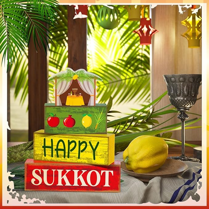 Yuntau 4 Pcs Happy Sukkot Table Decorations Sukkot Centerpieces for Tables Wooden Tabletop Party Decorations Rustic Block Sign for Tiered Tray Shelf Office Jewish Holiday Celebration Supplies
