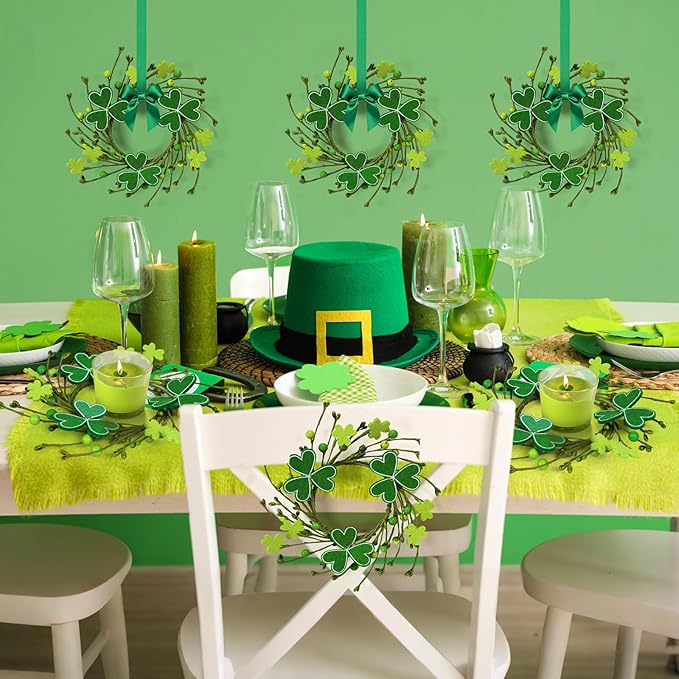 6 PCS Mini St. Patrick's Day Felt Shamrocks Wreath for Front Door St. Patrick's Day Kitchen Cabinet Wreaths Decorations with Ribbon Small Spring Green Irish Clover Berry Wreath for Porch Wall Window