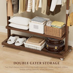 Solid Wood Clothes Rack with Wheels | 3-in-1 Freestanding Garment Rack & Coat Tree, Extra-Long Rod, Two Shelves, 220 lb Load | Organizer for Bedroom & Entryway