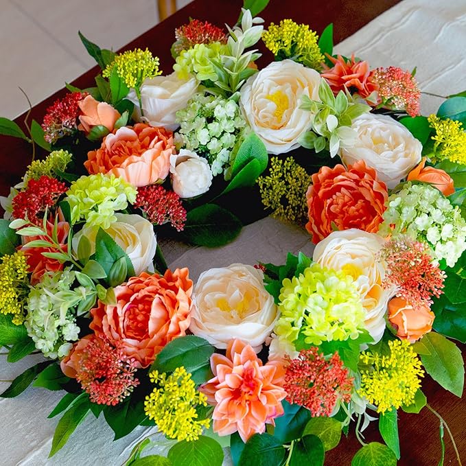 Spring Wreaths for Front Door Outside 24 Inch Luxury Summer Wreath with White Rose Flowers,Pink Dahlia & Green Hydrangeas,Lush Greenery Spring Front Door Wreath for Home,Wall,Porch Decor