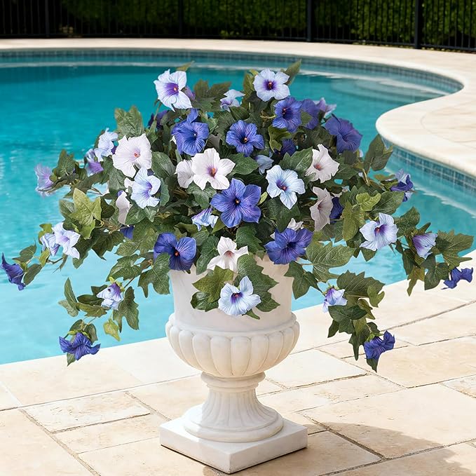 Artificial Fake Petunia Flowers for Outdoor Decoration, 2PCS Faux Silk Petunias Flower for Spring UV Resistant No Fade Realistic Plants for Garden Balcony Yard Porch Indoor Decor(Blue White)